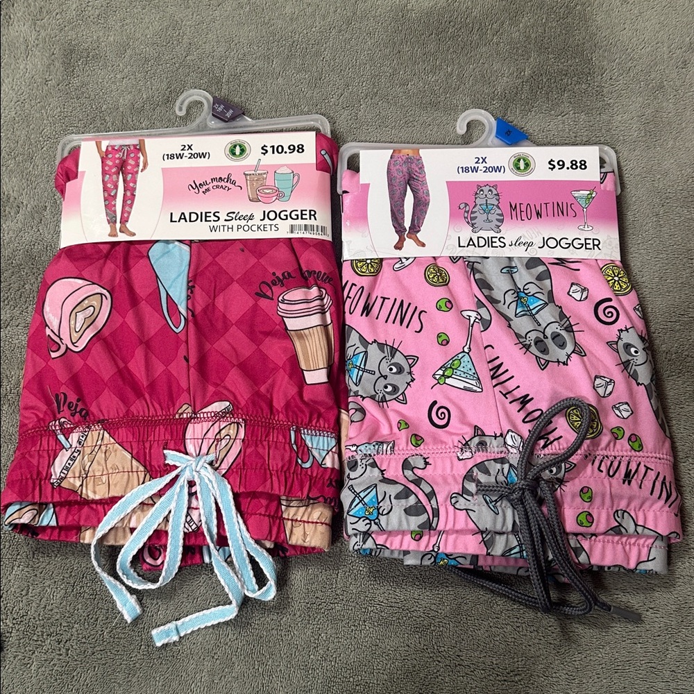 Sleep Joggers Pajama Pants 2 Pairs 2X Coffee & Cats NIP